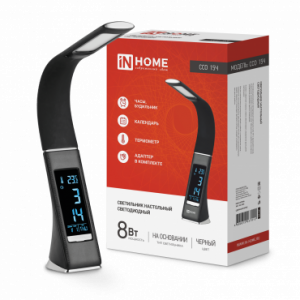 Светильник настольный светодиодный ССО 15Ч 8Вт 480Лм, сенсор-диммер, часы, календарь, температура, адапт ЧЕРНЫЙ IN HOME