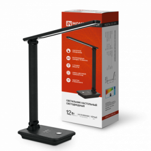 Светильник настольный светодиодный ССО 09Ч 12Вт 600лм сенсор-диммер, с беспр заряд для телефона, адапт ЧЕРНЫЙ IN HOME