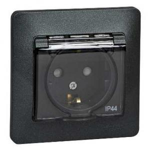 Розетка 1-м 16А С/У З/К со шторками с крышкой в сборе с рамкой IP44 Антрацит Glossa