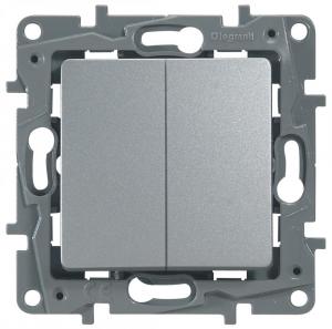 Переключатель 2-клавишный, 10А, авт. клем Алюминий Legrand Etika