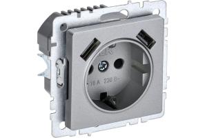Розетка 1-м 16А С/У З/К со шторками+USB A+А 2.1А Алюминий Brite